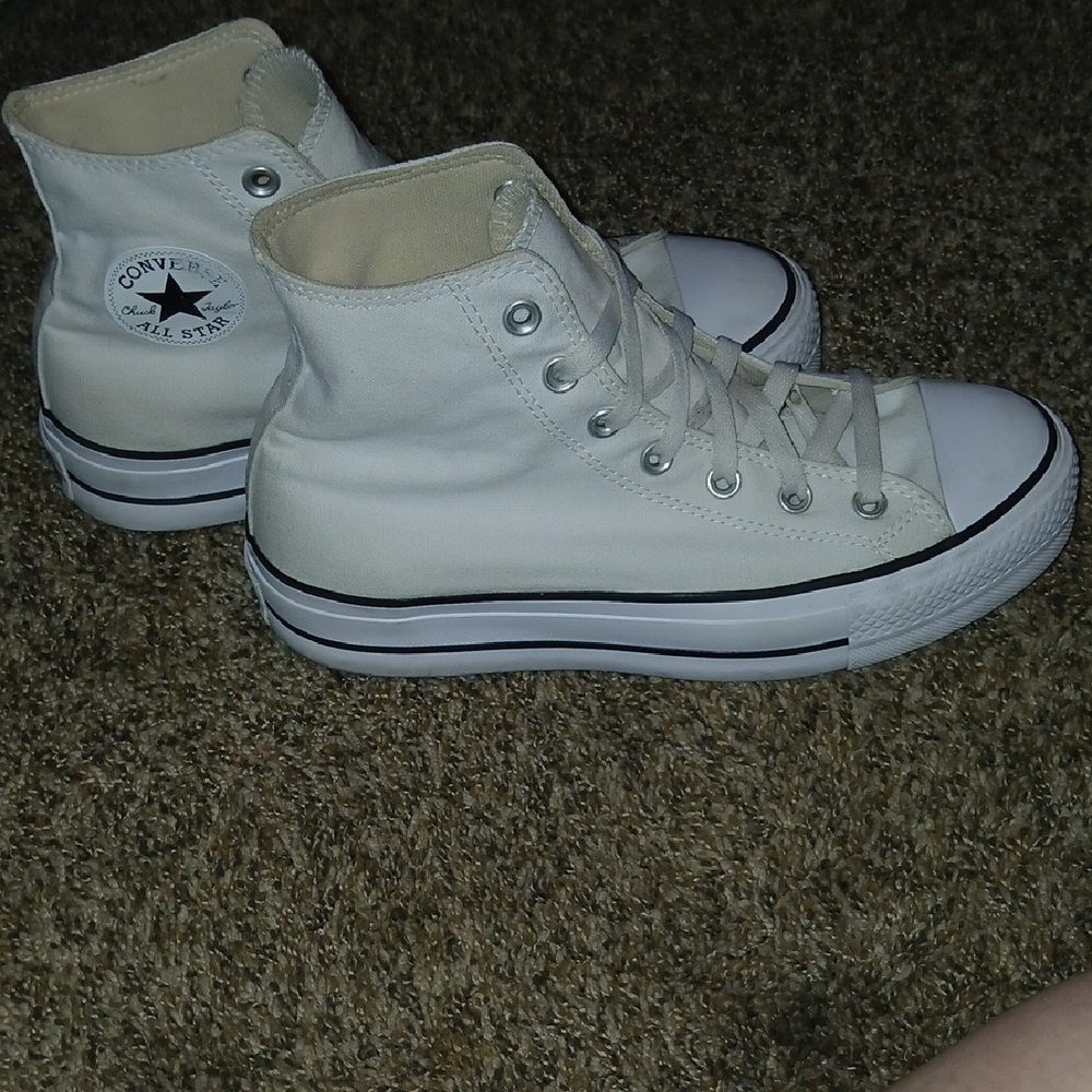 Womens Converse All Star White High-Top Canvas Platform Sneakers W/ Black Trim